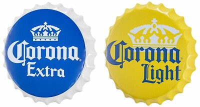Corona Extra & Corona Light Beer, Pair Of 16'' Bottle Cap Shaped Signs, Bar Decor