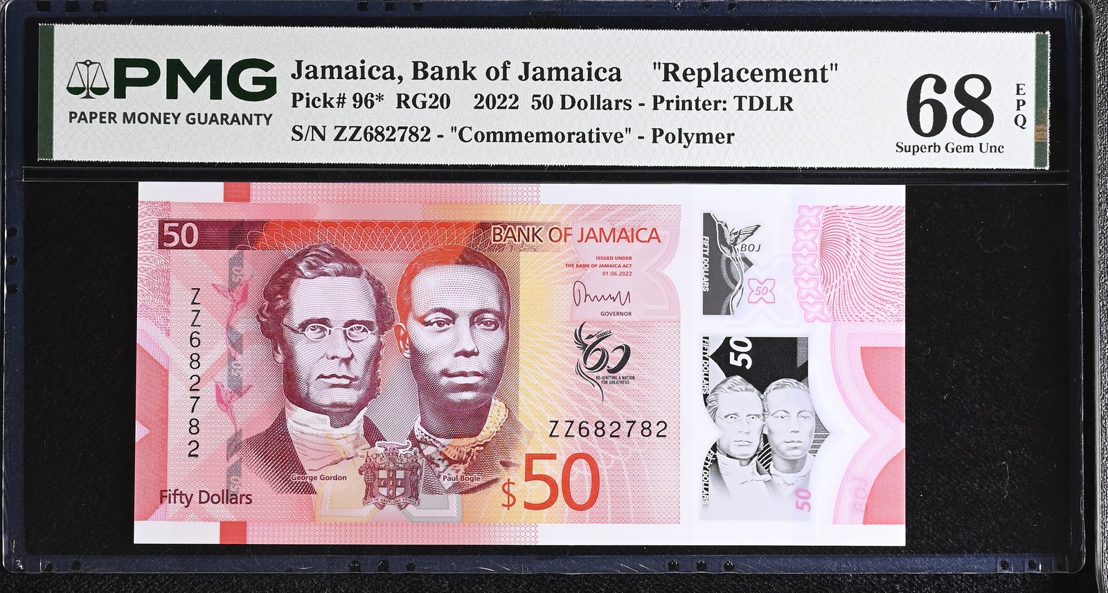 Jamaica 50 Dollars 2022 P 96* Replacement Superb Gem UNC PMG 68 EPQ