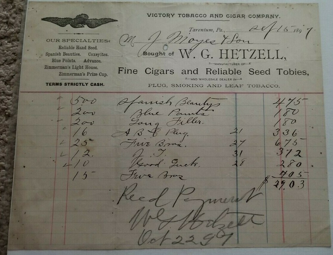 Rare 9/15 1897 W.G. HETZELL Victory Tobacco & Cigar Company BUSINESS INVOICE