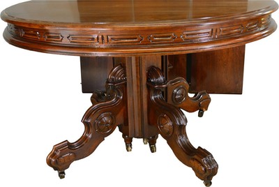 17432 Victorian Round Walnut Dining Table w/ Carved Skirt Split Base 3 Leaves
