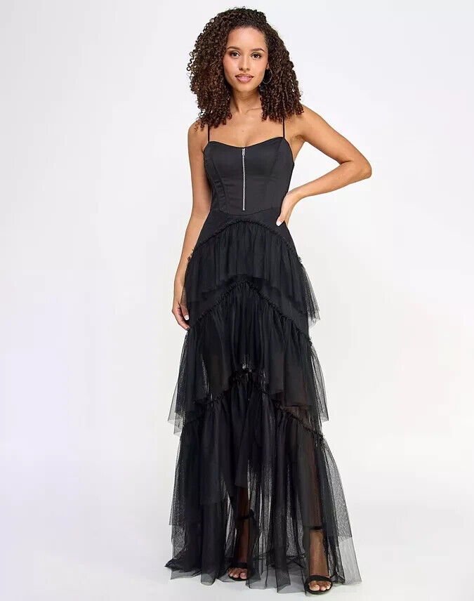 City Studio Corset Top Sweetheart-Neck Tiered-Mesh Gown Juniors' 3/4 Black Zip - Picture 1 of 17