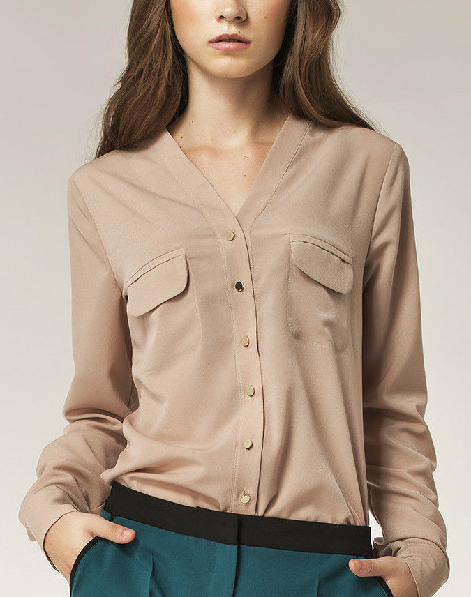 Chemisier chemise haut Beige femme poches décolleté V NIFE ...