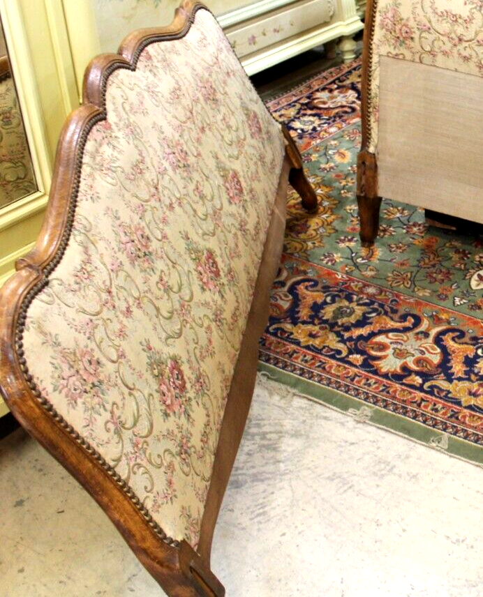 French Antique Louis XV Upholstered Full Size Bed with Rails & Slats
