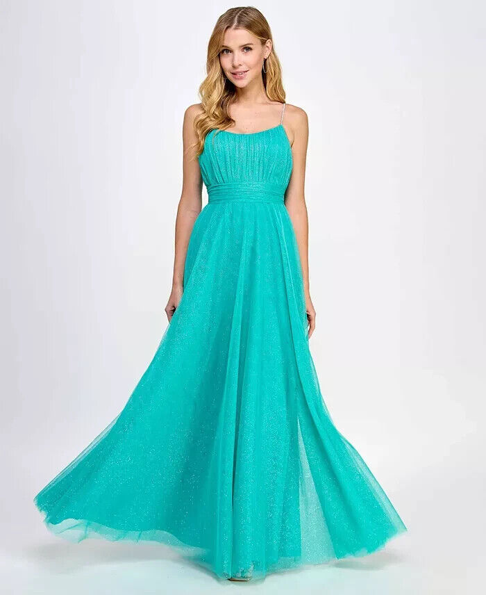 City Studio Jewel-Strap Glitter-Tulle Dress Juniors 9/10 Seafoam Belted Back Zip - Picture 1 of 16
