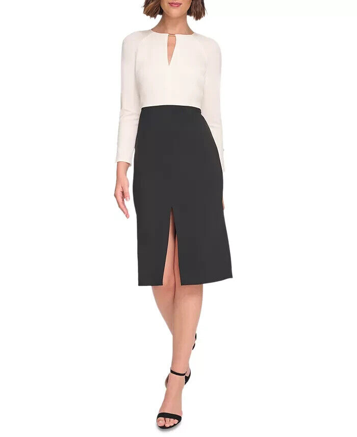 Tommy Hilfiger Keyhole-Neck Sheath Dress Women's 8 Cream/Black Zip Closure L/S - Picture 1 of 17