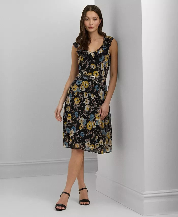 Lauren Ralph Lauren Floral A-Line Dress Women's 14 Black Multi Ruffle Sleeveless - Picture 1 of 15