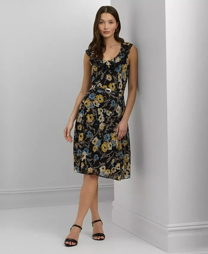 Lauren Ralph Lauren Belted Floral A-Line Dress Women's 10 Black Multi Side Zip - Picture 1 of 15