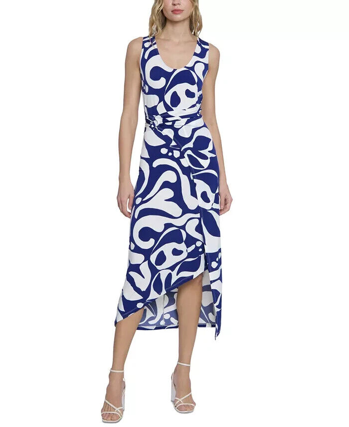 Donna Morgan Printed Wrap-Waist Asymmetric Dress Women's 8 Navy Back Zip Closure - Picture 1 of 16