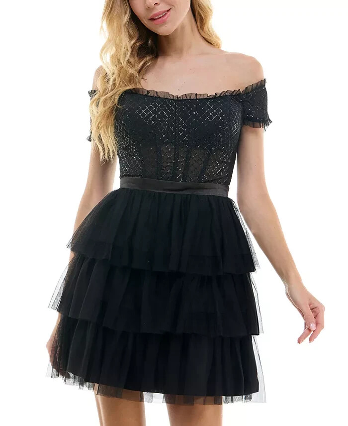 City Studio Tiered Mesh Off-The-Shoulder Fit & Flare Dress Juniors' 9/10 Black - Picture 1 of 16