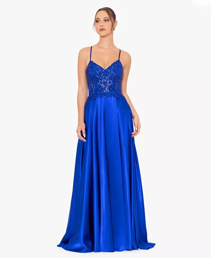 Blondie Nites Sequin-Bodice Sleeveless Gown Juniors' 11 Rotal Blue Lace Zip Back - Picture 1 of 16
