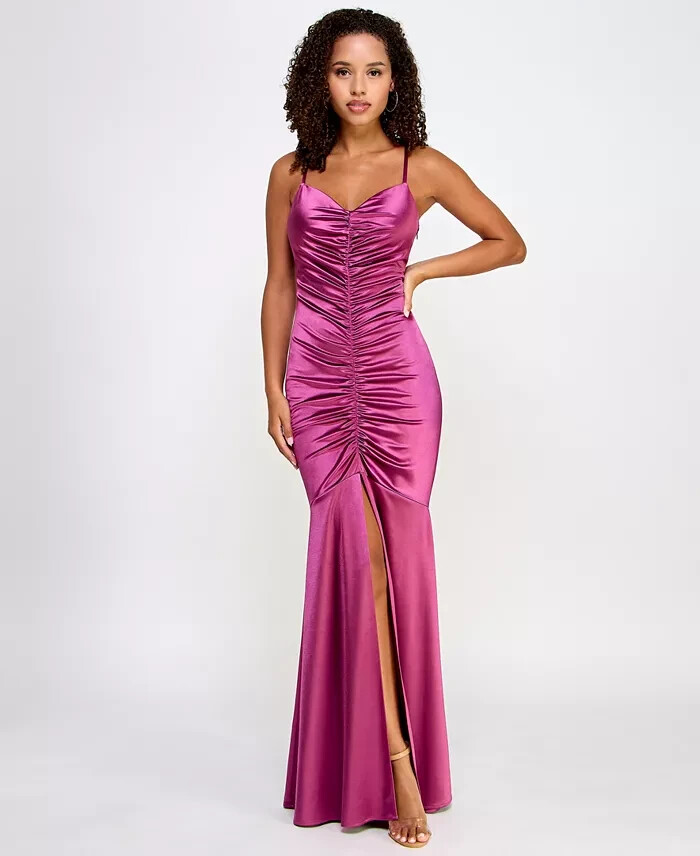BCX Ruched Mermaid Dress Juniors' 1 Plum Front Slit V-Neck Back Zip Closure - Picture 1 of 15