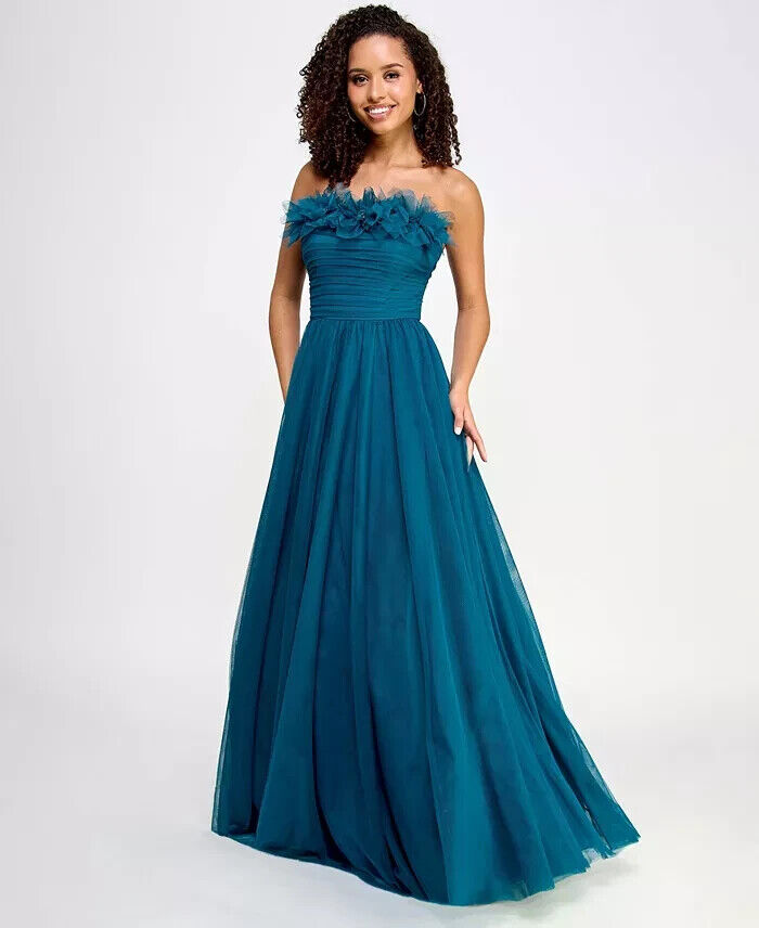 City Studio Flower-Neck Ruched Strapless Ballgown Juniors' 3/4 Teal Back Zip - Picture 1 of 15