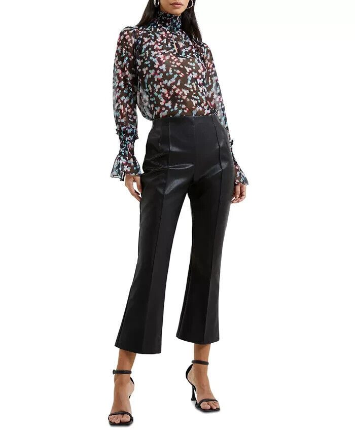 French Connection Claudia Faux-Leather Kick-Flare Pants Womens 10 Black Back Zip - Picture 1 of 17