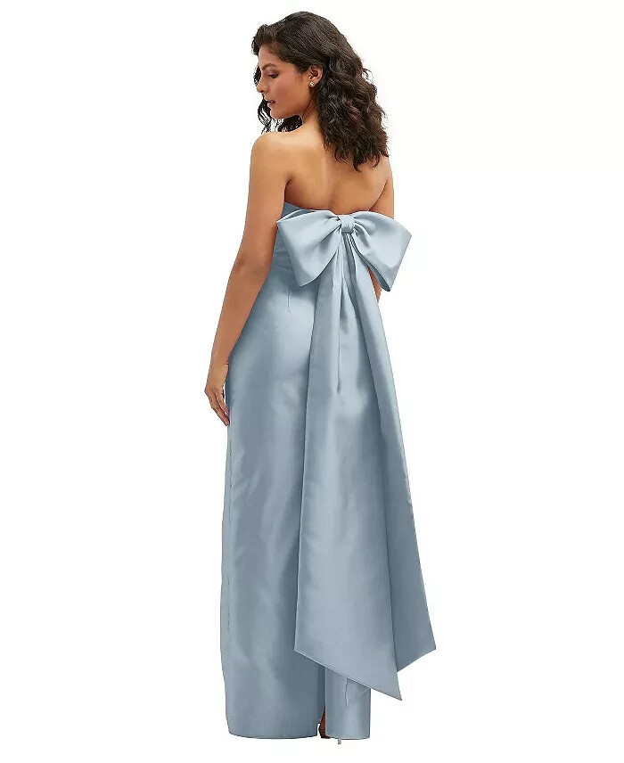 Alfred Sung Mist Blue Strapless Bow Back Satin Column Gown Size 16 $289 D856