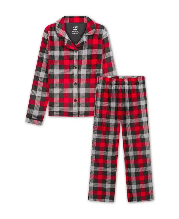 Max & Olivia Flannel Pajama Set Big Boys XL (16-18) Red Multi Plaid Button Front - Picture 1 of 22