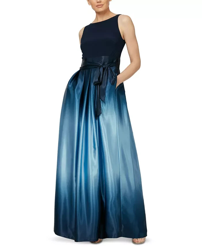 SLNY Fashions Ombré Satin Bow Sash Gown Women's 16 Navy/Wedgewood Zip Closure - Picture 1 of 16