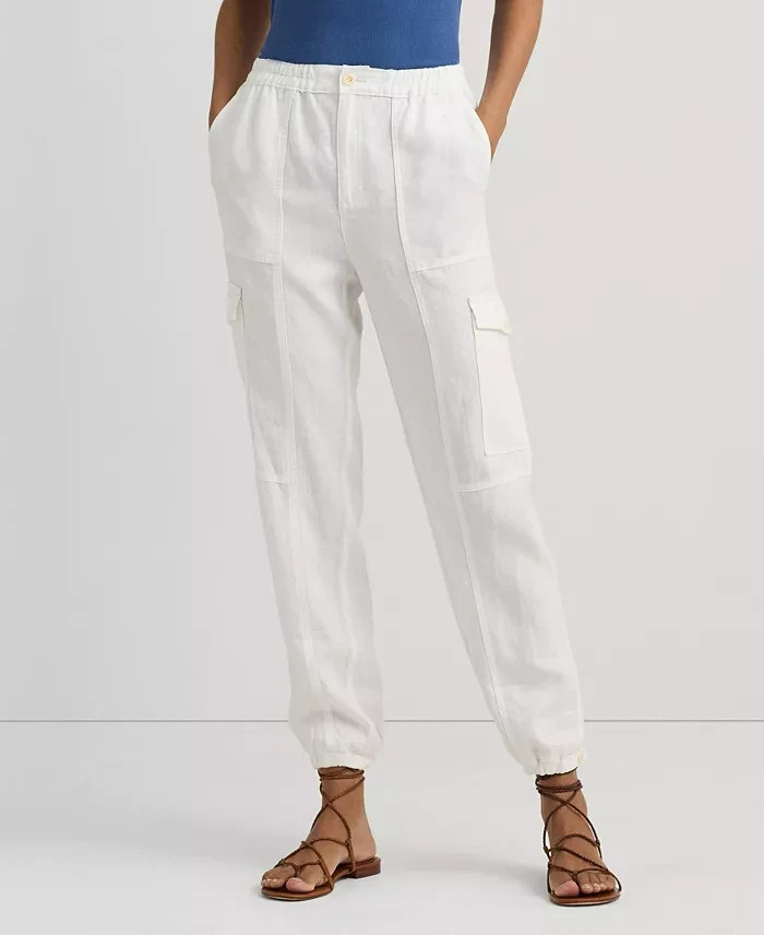Lauren Ralph Lauren Linen Cargo Pants Women's 6 White Pockets Button Zip Closure - Picture 1 of 17