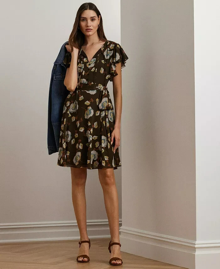 Lauren Ralph Lauren Petite Floral Flutter-Sleeve Dress Women's 10P Brown Multi - Picture 1 of 17