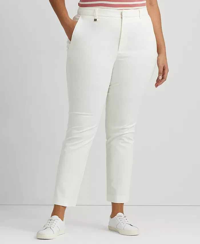 Lauren Ralph Lauren Plus Size Stretch Crop Pants Women's 18W White Zip Hook&Bar - Picture 1 of 18