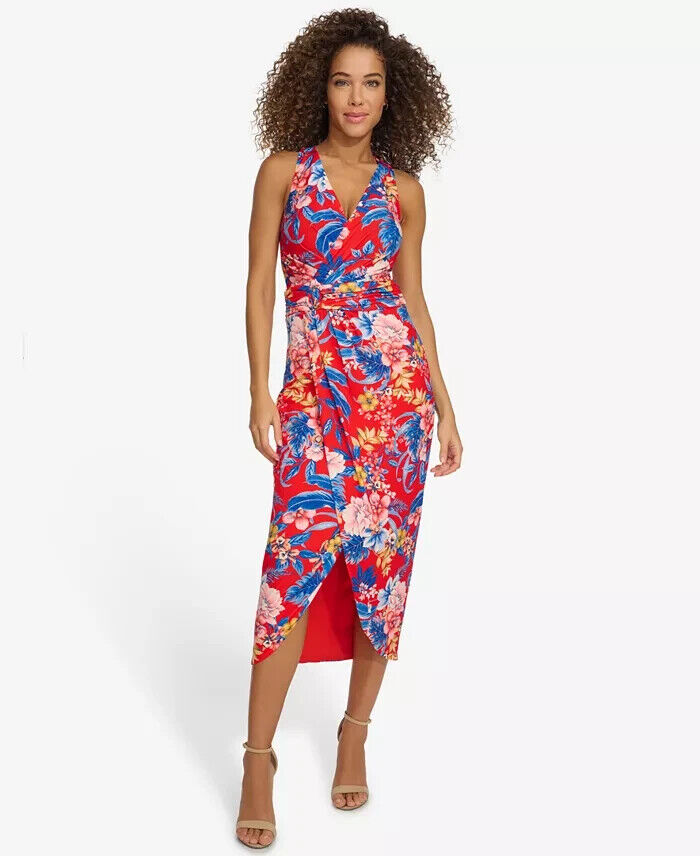 Siena Floral Side-Ruched Sleeveless Midi Dress Women's 2 Red Multi Back Zipped - Picture 1 of 15