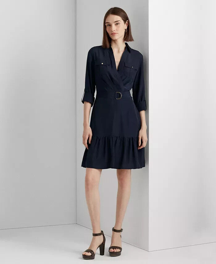 Lauren Ralph Lauren Crepe Shirtdress Women's 10 Navy Collared Side Zip Closure - Picture 1 of 19