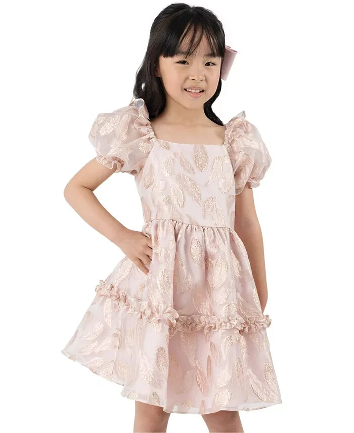 Rare Editions Puff-Sleeve Burnout Organza Dress Little Girls' 5 Blush Back Zip - Picture 1 of 16