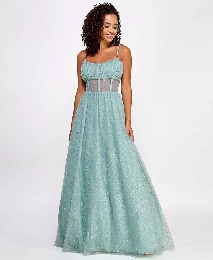 Say Yes to the Prom Rhinestone-Embellished Mesh-Waist Gown Juniors' 3/4 Seagreen - Picture 1 of 16