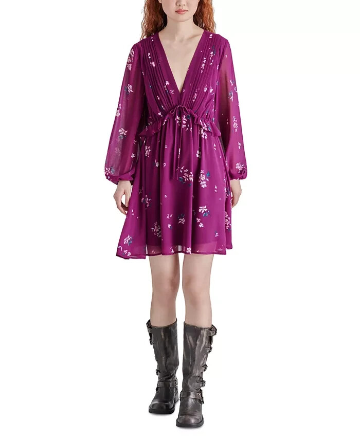 Steve Madden Rami Chiffon Pintuck-Detail Floral-Print Dress Women's XS Plum L/S - Picture 1 of 16