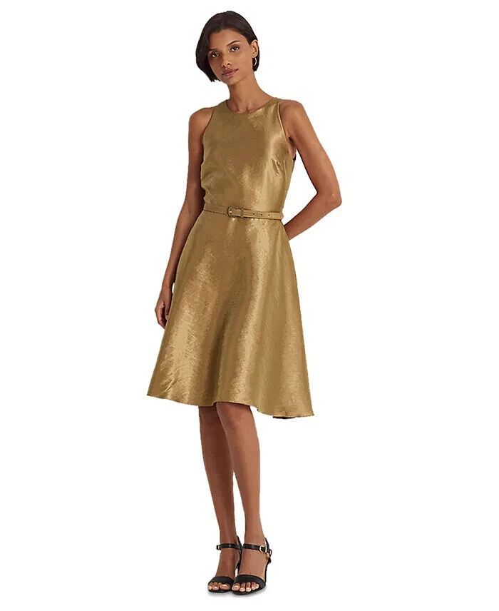 Lauren Ralph Lauren Metallic Twill Cocktail Dress Women's 12 New Bronze Back Zip - Picture 1 of 13