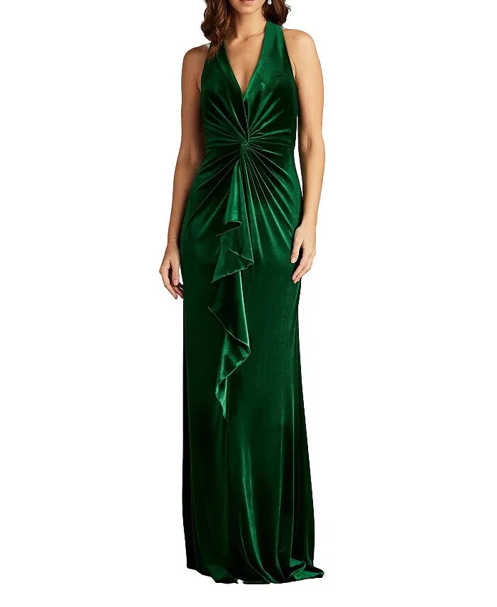 Tadashi Shoji Green Center Twist Sleeveless Velvet Gown Size Small $458