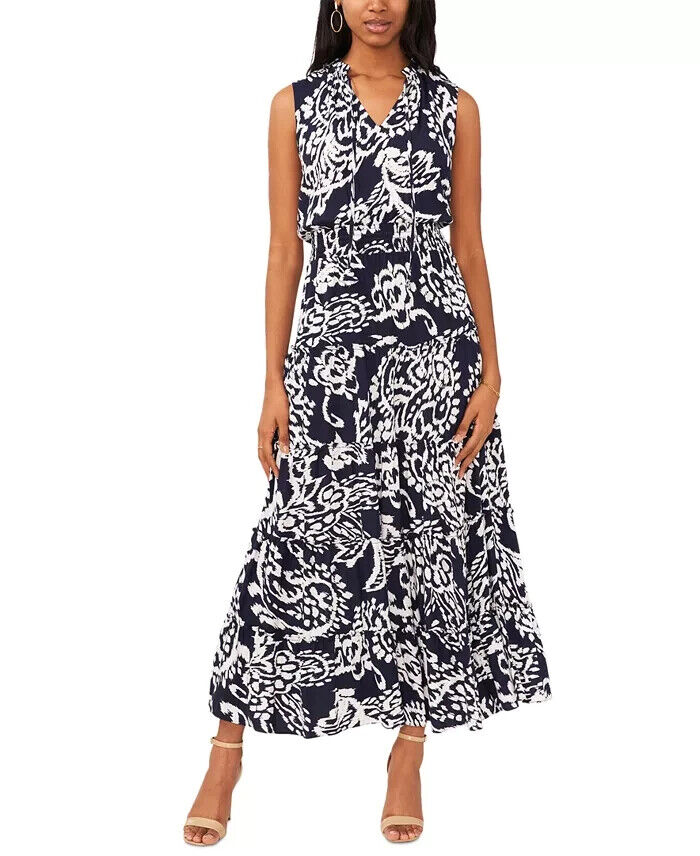 MSK Printed Smocked-Waist Tiered Maxi Dress Women's S Navy/White Split Neck - Picture 1 of 15