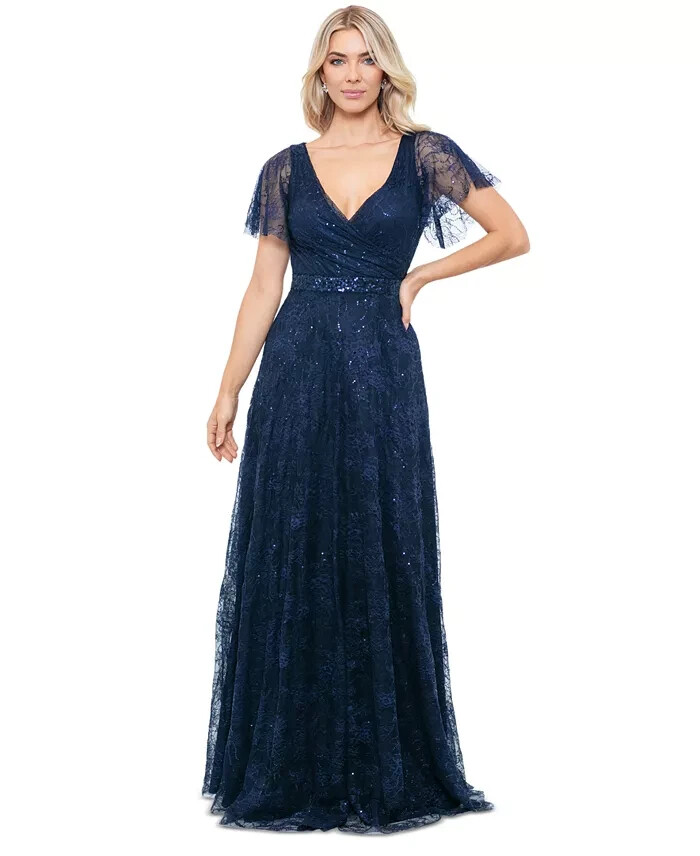 Betsy & Adam V-Neck Short-Sleeve Sequined Lace Dress Women's 8 Navy Back Zip - Picture 1 of 17