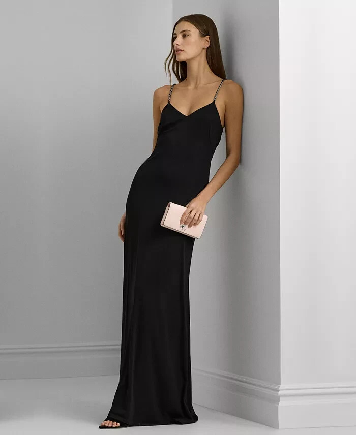 Lauren Ralph Lauren Chain-Strap Twisted-Back Gown Womens 6 Black V-Neck Pullover - Picture 1 of 15