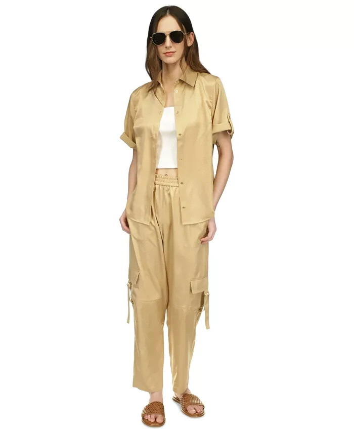 MICHAEL Michael Kors Utility Pull-On Pants Women's L Khaki Solid Elastic Waist - Picture 1 of 18