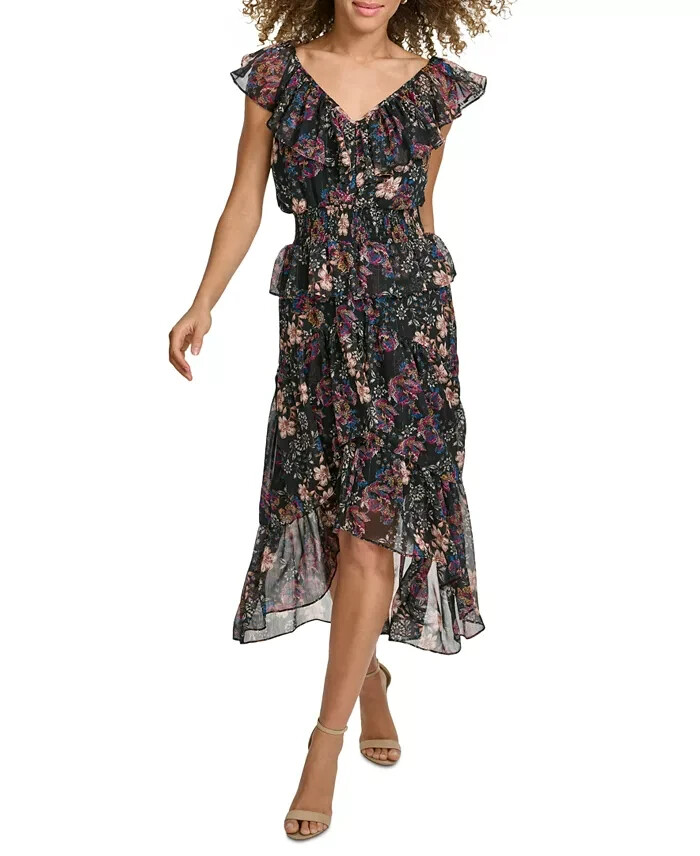 kensie V-Neck Ruffled Chiffon Midi Dress Women's 6 Black Multi Back Zip Closure - Picture 1 of 14