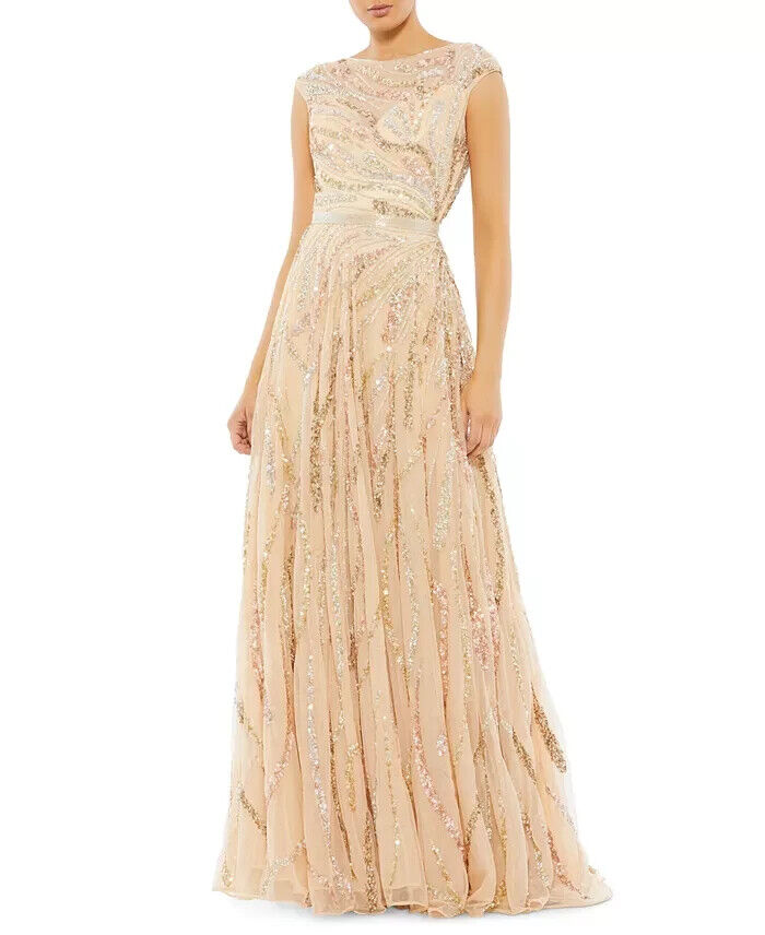 MAC DUGGAL Embellished Cap-Sleeve Gown Women's 10 Yellow Gold Back Zip Closure - Picture 1 of 17