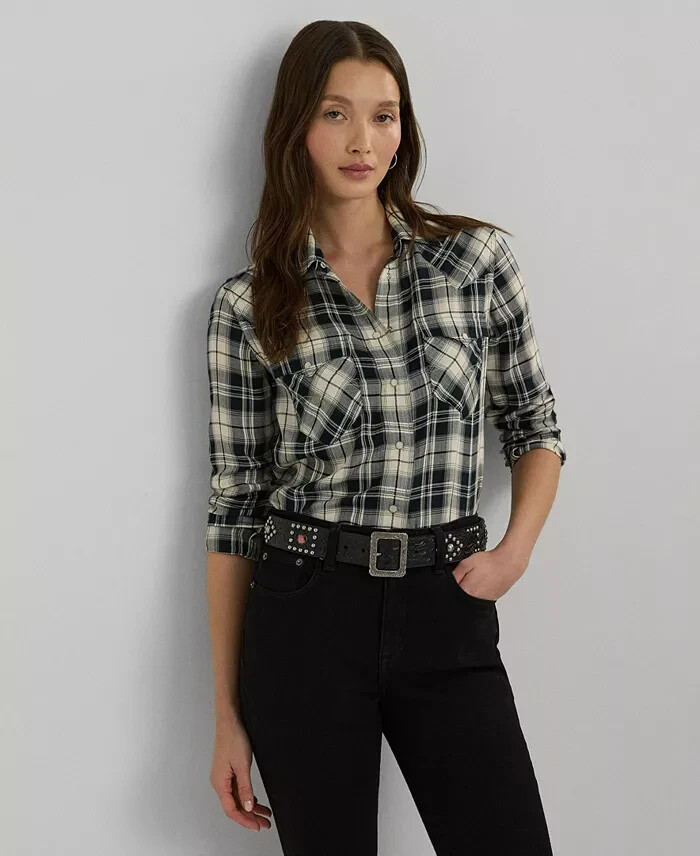 Lauren Ralph Lauren Embroidered Plaid Shirt Women's M Black/Cream Snap Closure - Picture 1 of 19