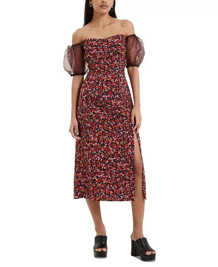 French Connection Clara Flavia Puff-Sleeve Midi Dress Women's 6 Black Multi - Picture 1 of 17