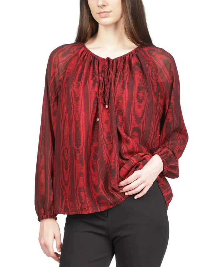 MICHAEL Michael Kors Tie-Neck Top Women's M Rhubarb Printed Long Sleeve Pullover - Picture 1 of 17
