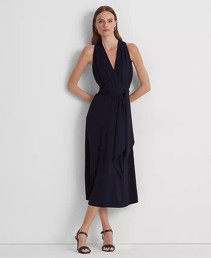 Lauren Ralph Lauren Georgette Halter Cocktail Dress Women's 2 Navy Sleeveless - Picture 1 of 15