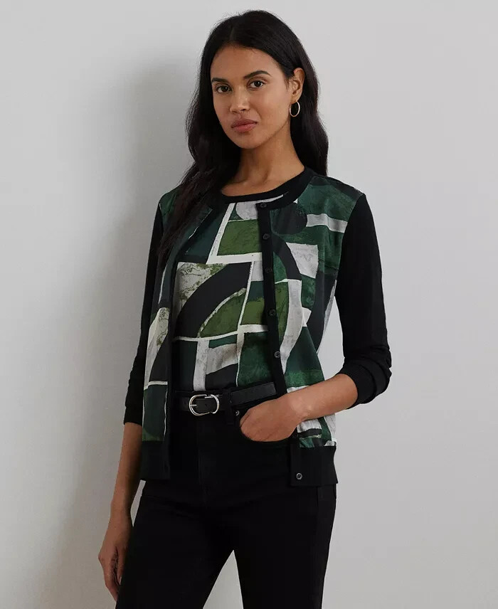 Lauren Ralph Lauren Petite Geo-Print Cardigan Women PXS Black Multi Button Front - Picture 1 of 18