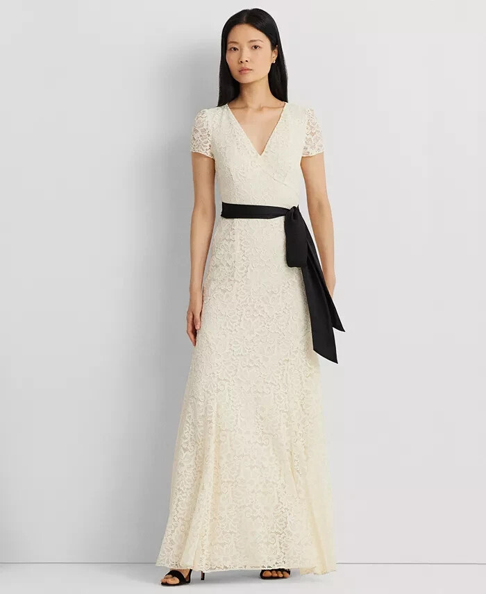 Lauren Ralph Lauren Belted Lace A-Line Gown Women's 4 Winter Cream Back Zip - Picture 1 of 16