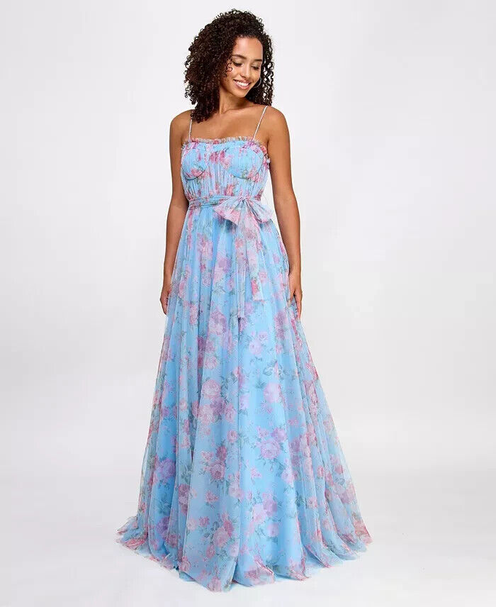 City Studio Floral-Print Bustier Gown Women's 0 Sky/Rose Ruffle Sweetheart Neck - Picture 1 of 16