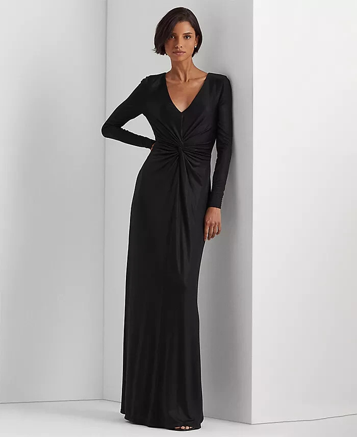 Lauren Ralph Lauren Twist-Front Foil-Print Jersey Gown Women's 2 Black Back Zip - Picture 1 of 16