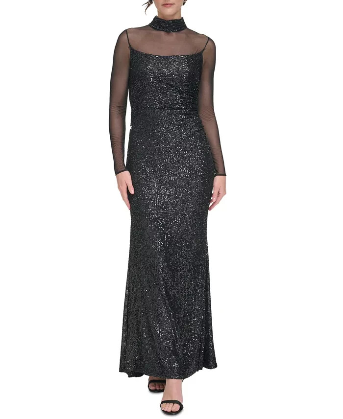 Eliza J Sequined Illusion Evening Dress Women's 10 Black Button Zip Closure L/S - Picture 1 of 18