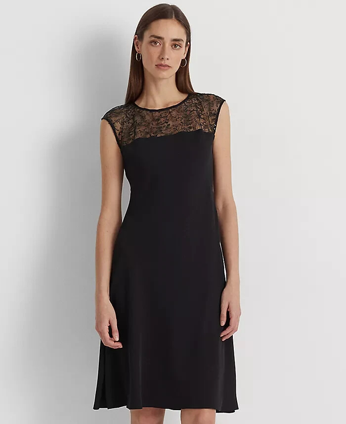 Lauren Ralph Lauren Beaded Georgette Cocktail Dress Women's 14 Black Sleeveless~ - Picture 1 of 17