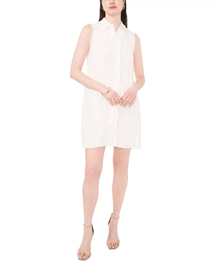 CeCe Pleated Scallop-Trim Button-Up Dress Women's S New Ivory Button Closure~ - Picture 1 of 13