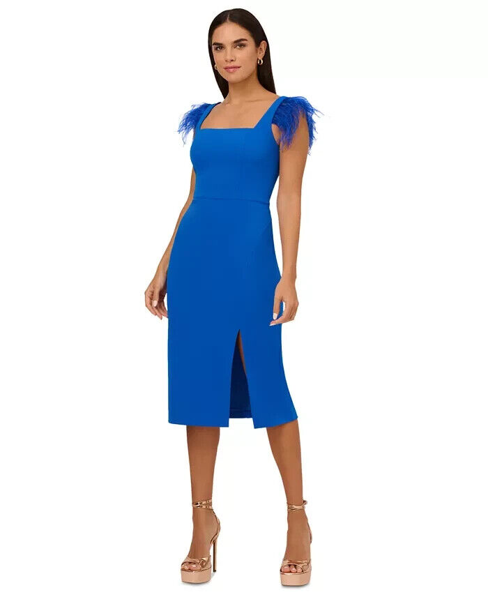 Aidan by Adrianna Papell Feather-Trim Sheath Dress Women's 8 Blue Solid Back Zip - Picture 1 of 16
