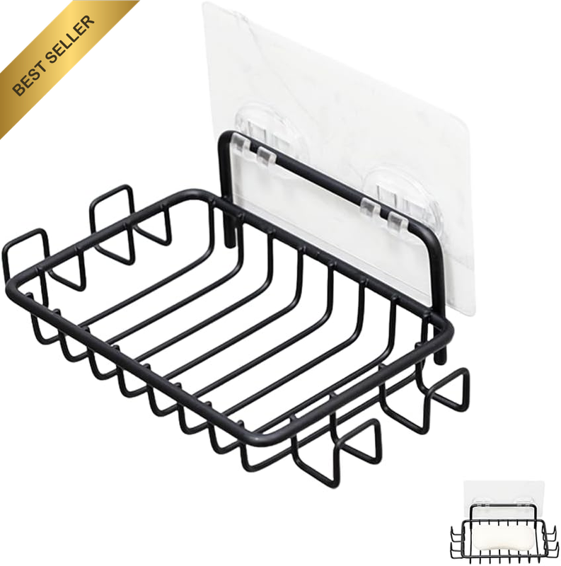 1 Pcs Black Adhesive Shower Soap Dish Holder with 4 Hooks, Rustproof Stainless S