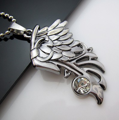 Free Gift Unisex39s Men39s Titanium Steel Rhinestone Pendant Angel Wings Necklace
